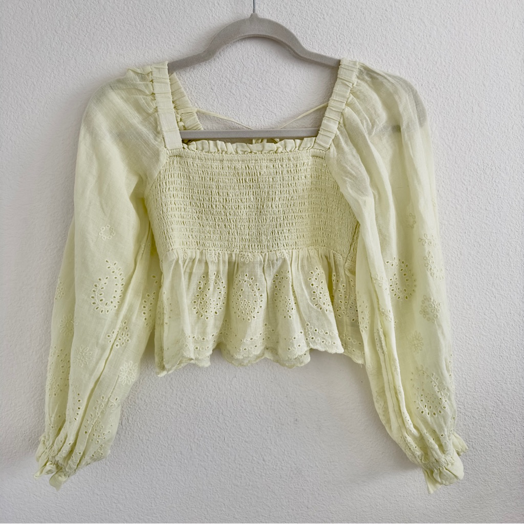 Nwot American Eagle Cropped Square Neck Smocked Ruffle Paisley Eyelet Blouse Top